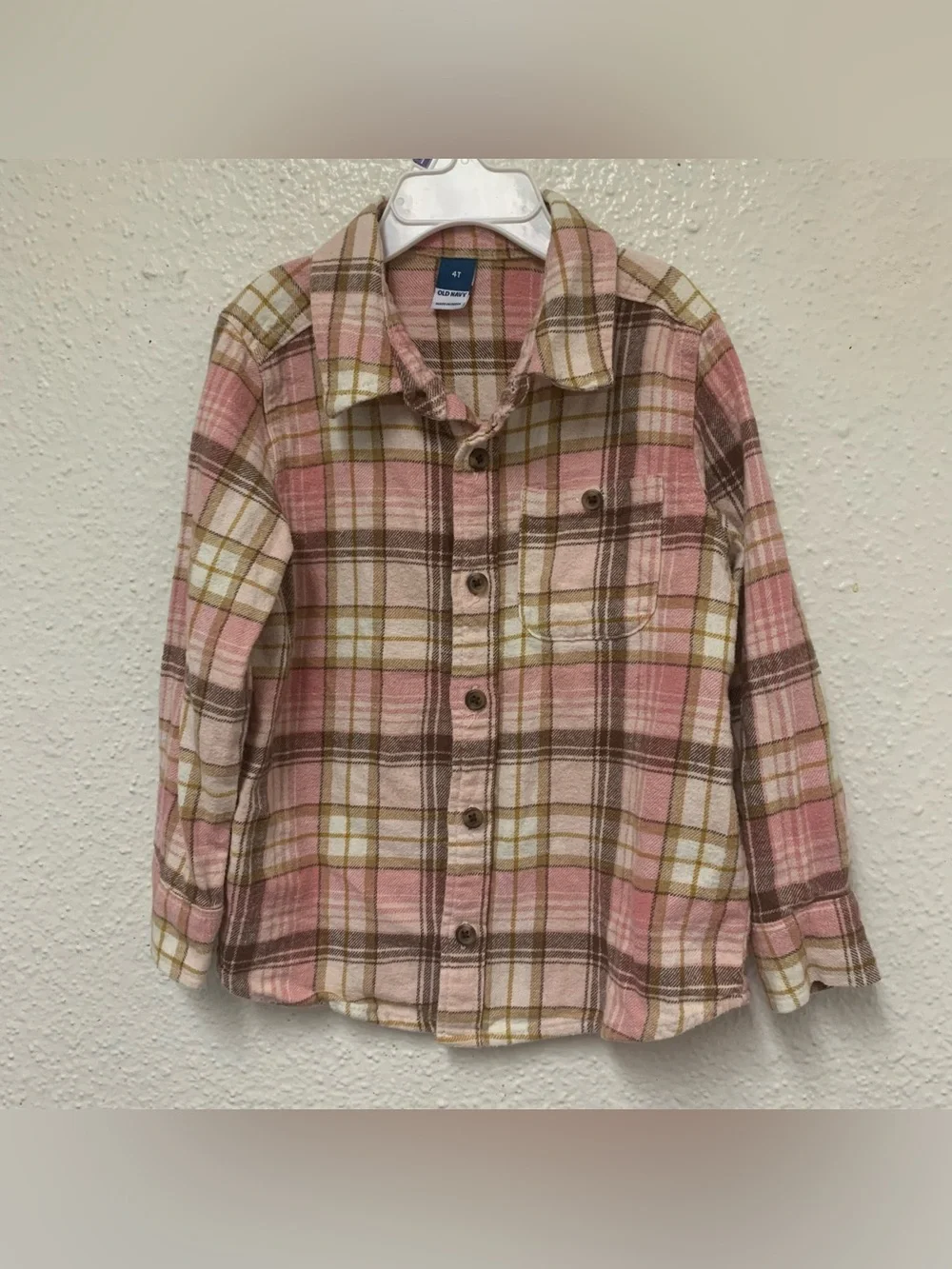Old Navy Plaid Flannel Shirt Girls 4T Pink Brown Button Up Long Sleeve Cotton